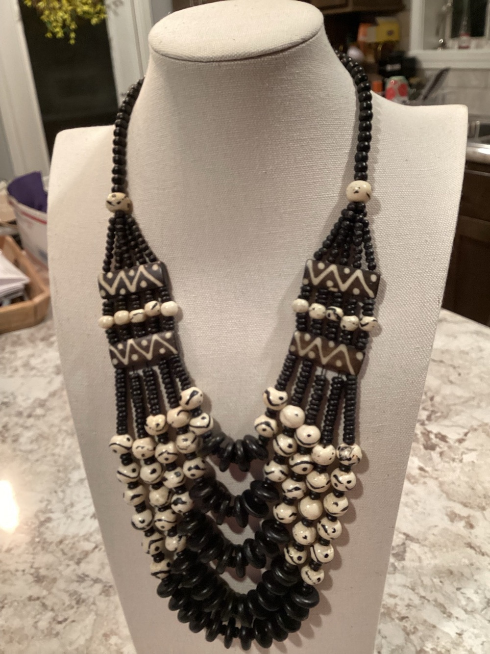 Handcrafted Black & Cream Beaded Statement Necklace